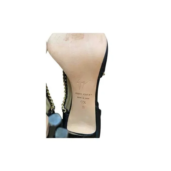 Giuseppe Zanotti Black Leather Gold Chain Peep Toe Stiletto Pumps Women’s 9.5 - Picture 7 of 8